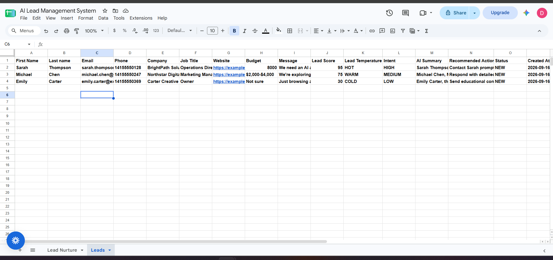 Google Sheets database containing AI-qualified leads