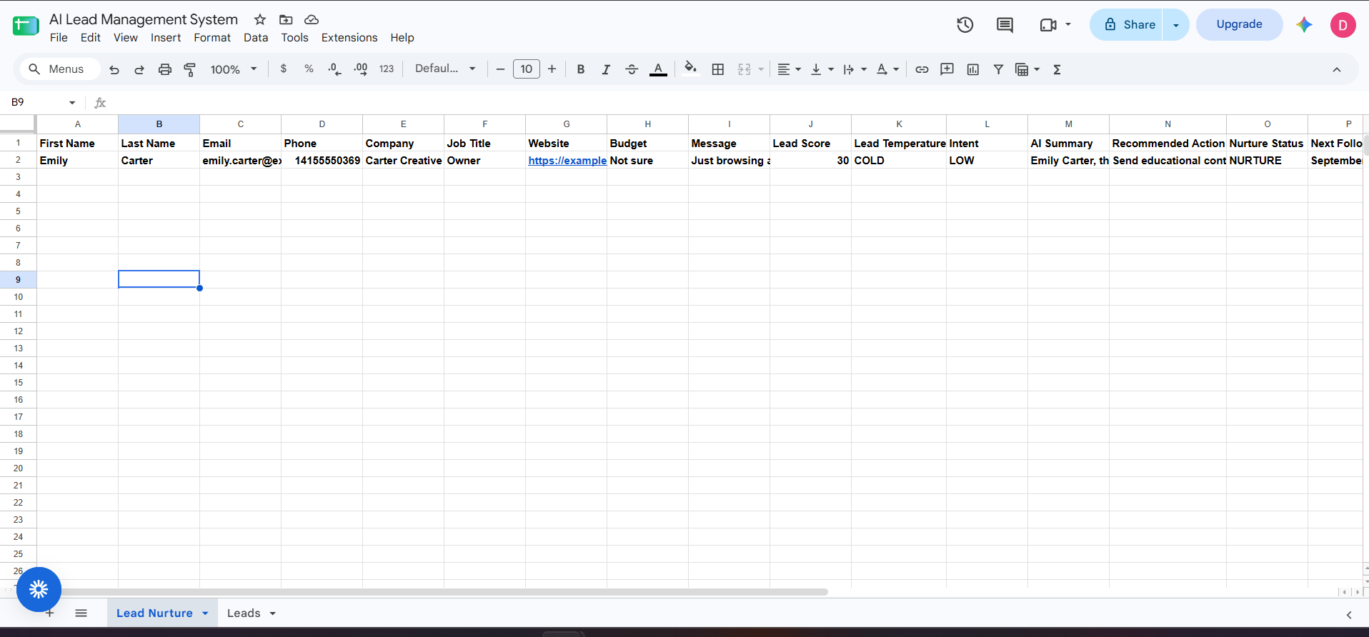 Google Sheets lead nurture queue with scheduled follow-up date