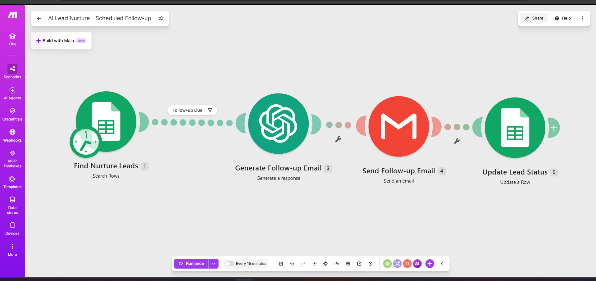 Scheduled AI lead follow-up workflow built in Make.com
