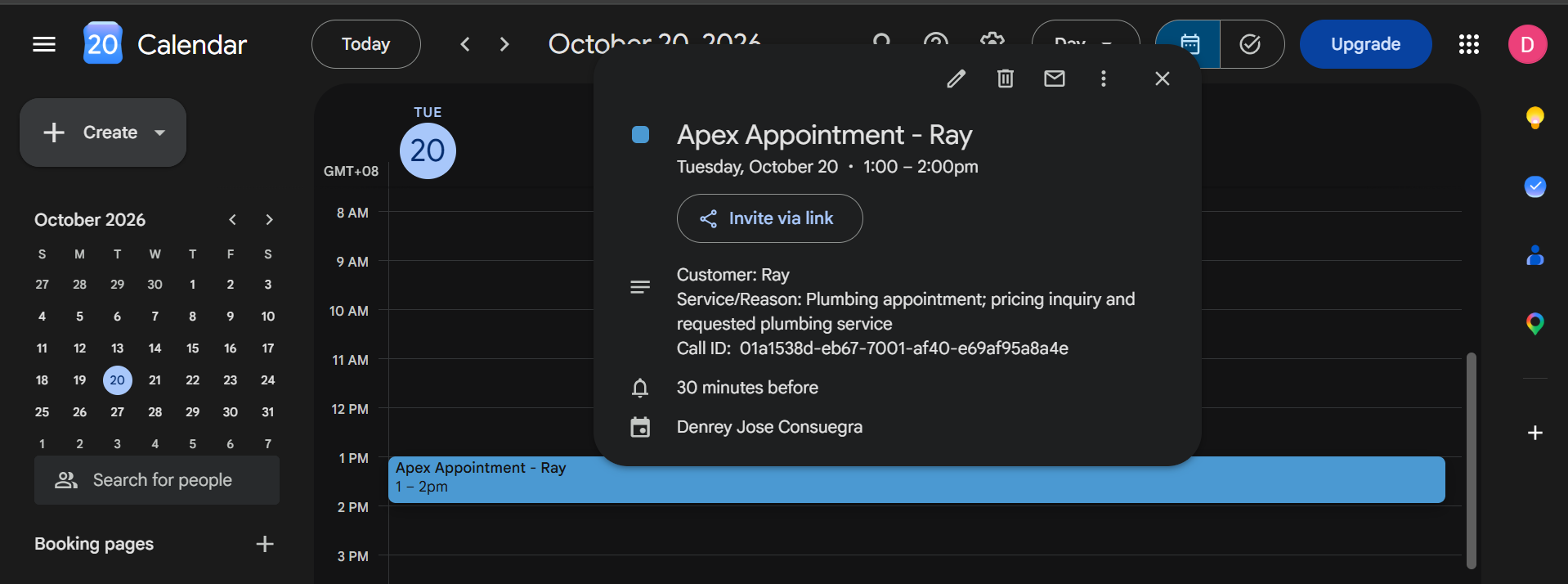 Google Calendar appointment booked by the voice assistant
