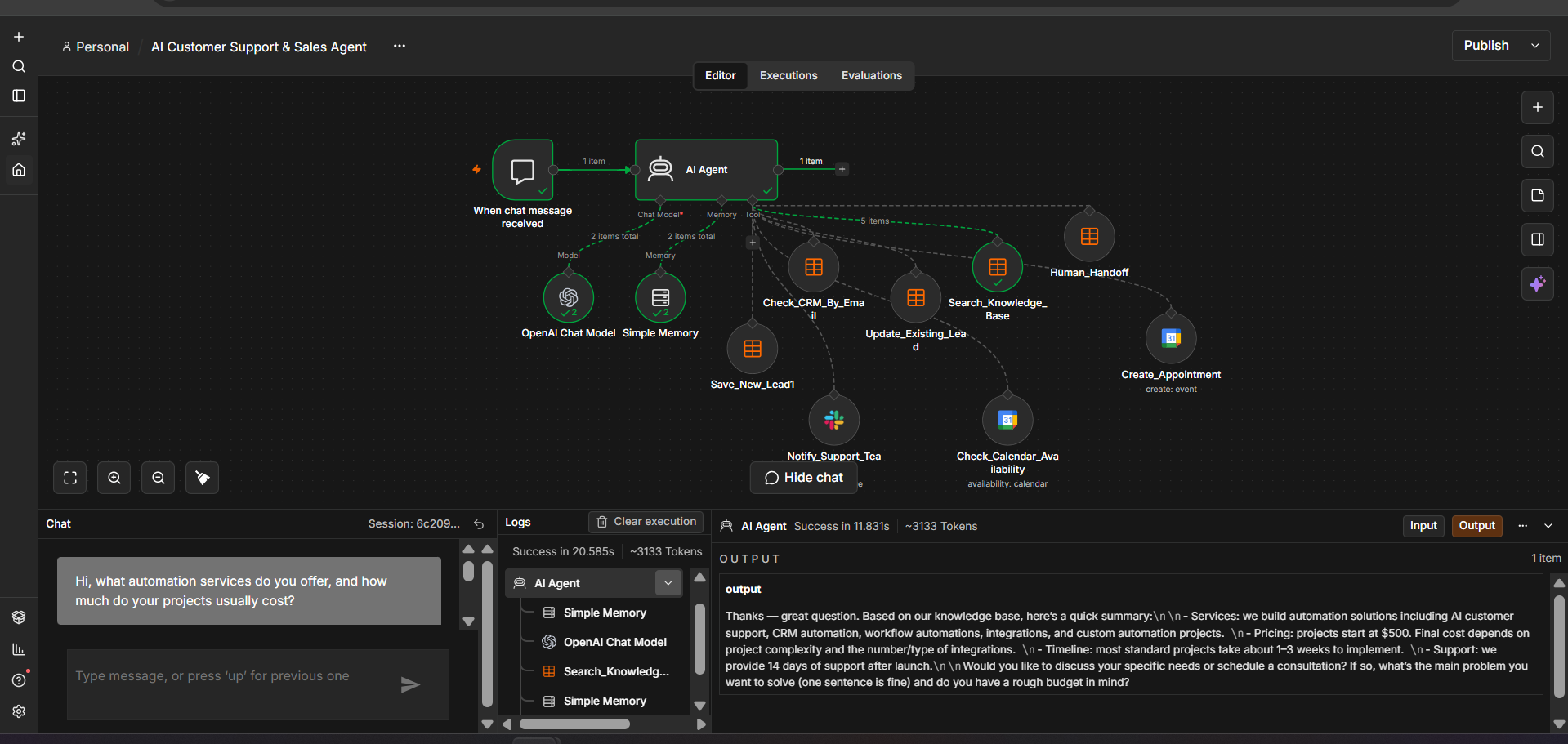 AI agent retrieving service and pricing information from the business knowledge base